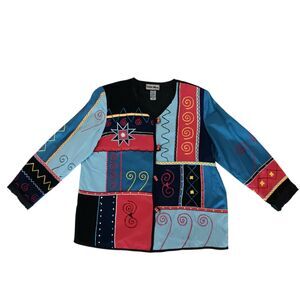Patchwork Embroidered Jacket Blue Red Cotton Blend Women's Medium By Indigo Moon